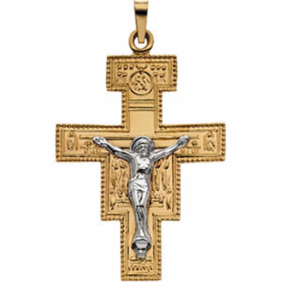 R41171:252407:P 14kt Yellow & White 33x25mm San Damiano Crucifix Pendant