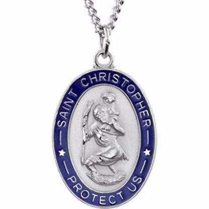 R16440:104189:P Sterling Silver 26x20mm St. Christopher Medal Necklace with Blue Epoxy