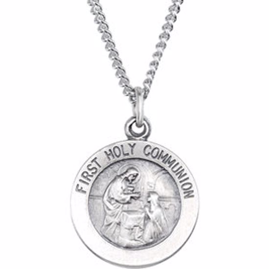 R5055:136019:P Sterling Silver 15mm First Communion Medal 18" Necklace