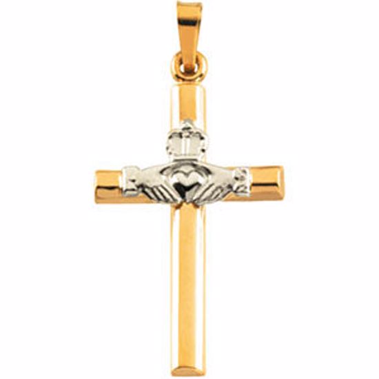 R41042:163691:P 14kt Yellow & White 25x16mm Hollow Claddagh Cross Pendant