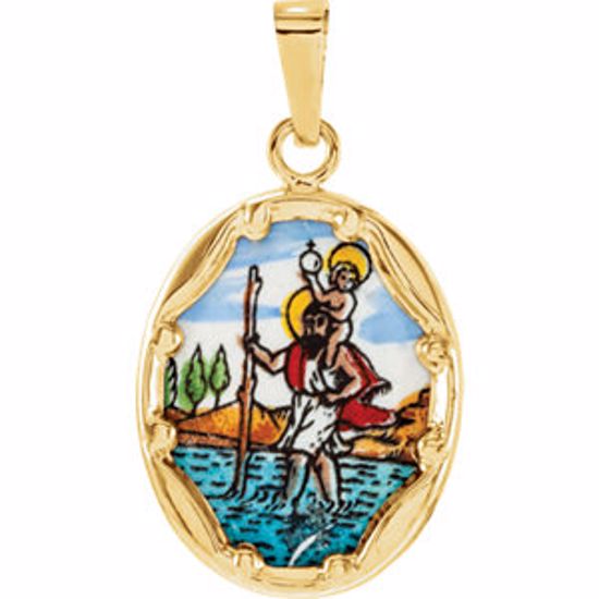 R16945:129591:P 14kt Yellow 17x13.5mm St. Christopher Hand-Painted Porcelain Medal