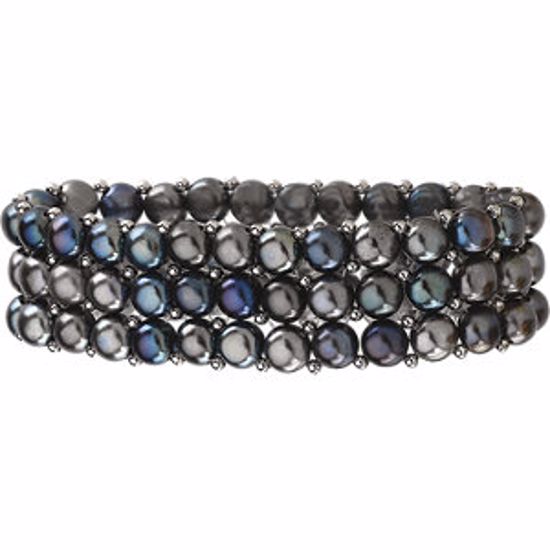 63923:100164:P Sterling Silver Freshwater Cultured Black Pearl 3 Row Stretch Bracelet