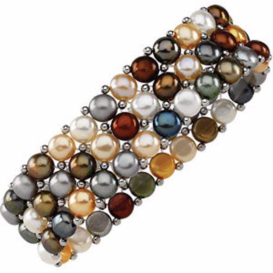 63924:100165:P Sterling Silver Freshwater Cultured Multi-Colored Pearl 3 Row Stretch Bracelet