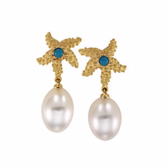 64799:100200:P 18kt Yellow Turquoise & South Sea Cultured Drop Pearl Starfish Earrings 