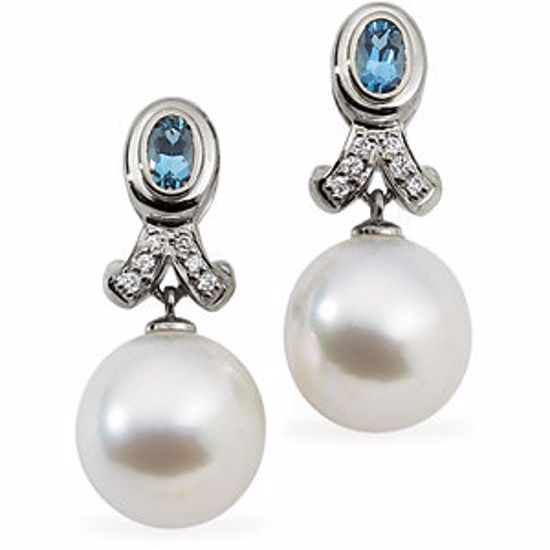 64328:1006040:P 18kt Palladium White 12mm Pearl, Aqua  & .08 CTW Diamond Earrings