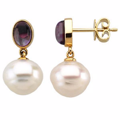 64101:600710:P 14kt Yellow 8x6mm Amethyst & 12mm South Sea Cultured Pearl Earrings