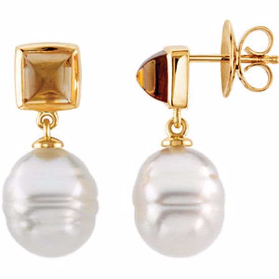 64118:601430:P 14kt Yellow 12mm South Sea Cultured Pearl & 6mm Citirine Earrings