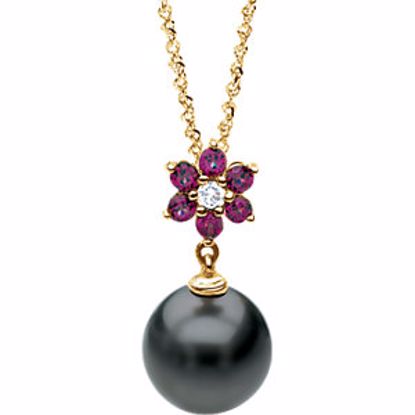 65425:100200:P 14kt Yellow .06 CTW Diamond, Rhodolite Garnet & 11mm Tahitian Pearl Pendant