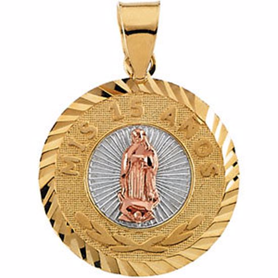 R41640:60001:P 14kt Yellow 16.5mm Tri-Color Round Mis 15 Años (My 15th Birthday) Medal