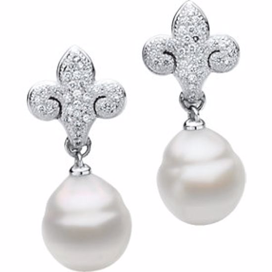 64322:100594:P South Sea Cultured Pearl &  Diamond Fleur-de-lis Earrings