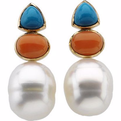 66193:60001:P  South Sea Cultured Circlé Pearl, Genuine Turquoise & Genuine Pink Coral Earrings