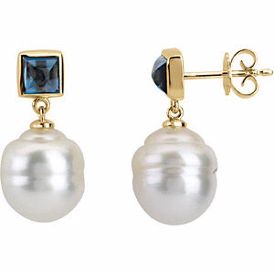 66090:600030:P 14kt Yellow South Sea Cultured Pearl & London Blue Topaz Earrings