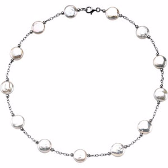 66365:60001:P Sterling Silver 12-13mm Freshwater Cultured White Coin Pearl Station 18" Necklace