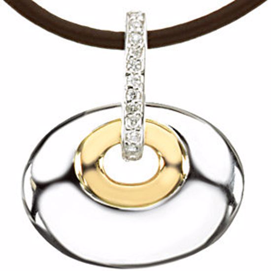 66824:84315:P Sterling Silver & 14kt Yellow .07 CTW Diamond Oval Pendant with 18" Brown Leather  Cord