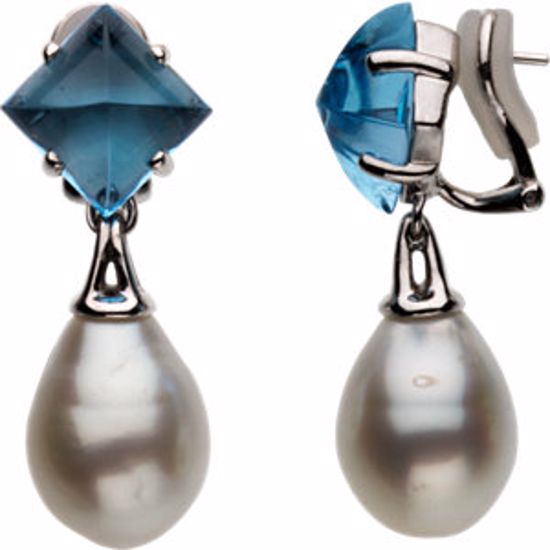 66672:281674:P 18K White Swiss Blue Topaz & South Sea Cultured Pearl Earrings