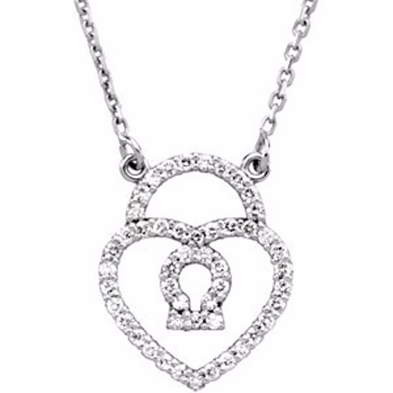 66509:84407:P 14kt White 1/4 CTW Diamond Heart Padlock 16" Necklace