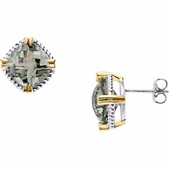 67162:101:P Sterling Silver & 14kt Yellow Checkerboard Green Quartz Earrings