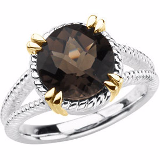 67173:101:P Sterling Silver & 14kt Yellow Checkerboard Smoky Quartz Rope Design Ring