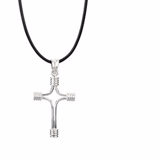 R42018:3114830:P Sterling Silver 33.75x23.25 Tubulare Cross with 18" Black Leather Cord & Box