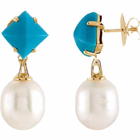 67299:102:P 18kt Yellow Turquoise & South Sea Cultured Pearl Earrings