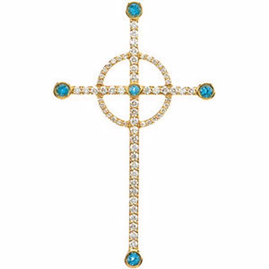 R42179T:101:P 14kt Yellow Swiss Blue Topaz & 1/2 CTW Diamond Cross Pendant