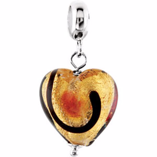 24868:100:P Sterling Silver 12mm Gold & Ruby Murano Glass Heart Dangle