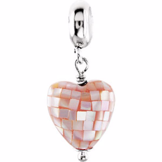 24869:100:P Sterling Silver 10mm Mother of Pearl Pink Heart Dangle