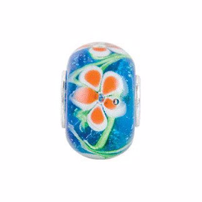 24935:100:P Sterling Silver 14x10mm Blue with Orange Flower Glass Bead