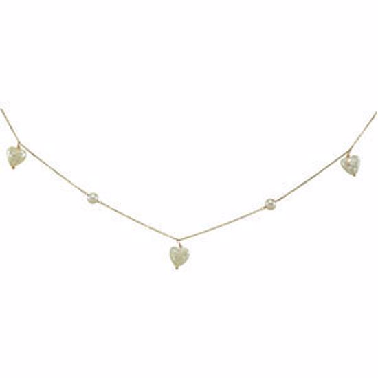 190003:100:P 14kt Yellow White Pearl Heart 15" Necklace