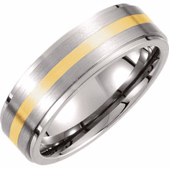 T942:105:P Titanium & 14kt Yellow Inlay 7mm Ridged & Satin Finished Band Size 10.5