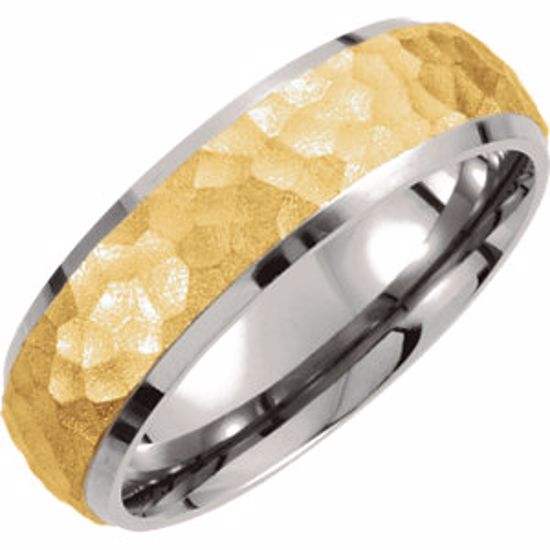 T953:065:P Titanium & Gold Immerse Plated 7mm Hammered Finish Beveled Edge Band Size 6.5