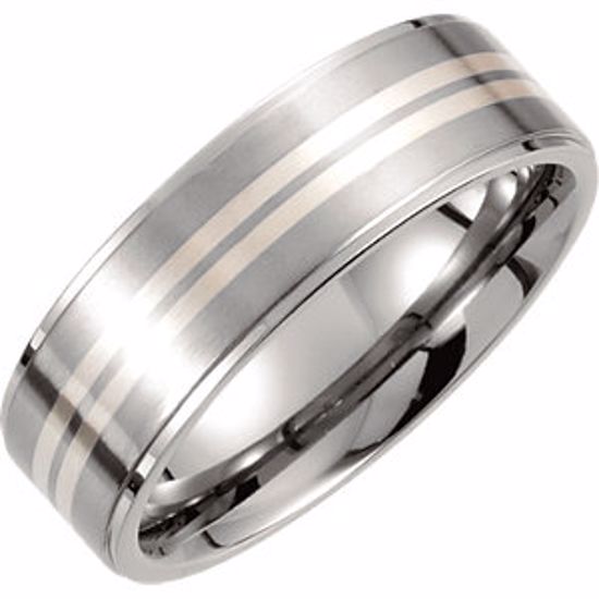 T918:100:P Titanium & Sterling Silver Inlay 7.2mm Ridged Satin Finish Flat Band Size 8