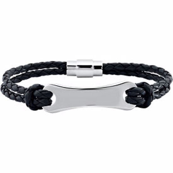 LEG048:301:P Black Leather & Stainless Steel 8" Bracelet