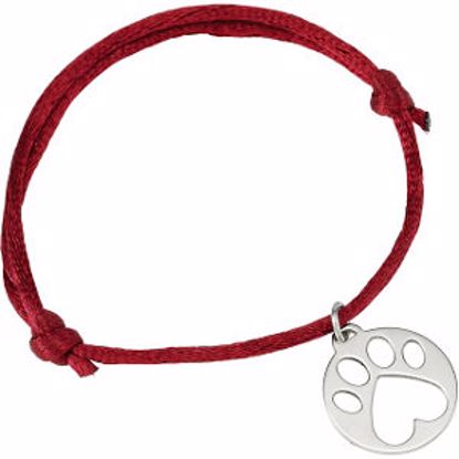 85145:106:P Sterling Silver Red Satin Cord Adjustable Bracelet with Paw Charm