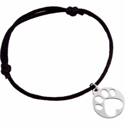 85145:108:P Sterling Silver Black Satin Cord Adjustable Bracelet with Paw Charm