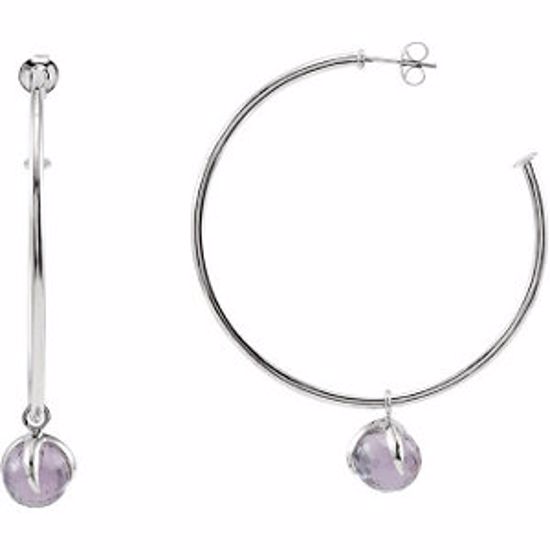 68861:1030:P Sterling Silver 50mm Hoop Earrings with 10mm Amethyst Dangle