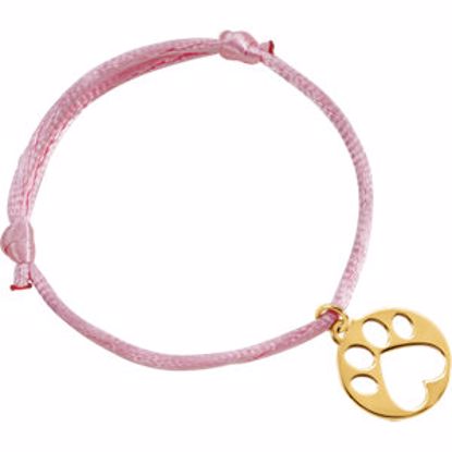 85145:104:P 14kt Yellow Pink Satin Cord Adjustable Bracelet with Paw Charm