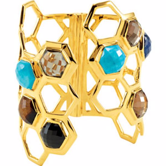 68910:101:P 18kt Vermeil Smoky Quartz, Lapis, Turquoise, Onyx & Tigereye 7.5-8" Cuff Bracelet