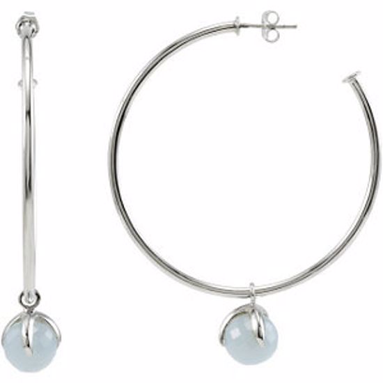 68861:1050:P Sterling Silver 50mm Hoop Earrings with 10mm Chalcedony Dangle and Box