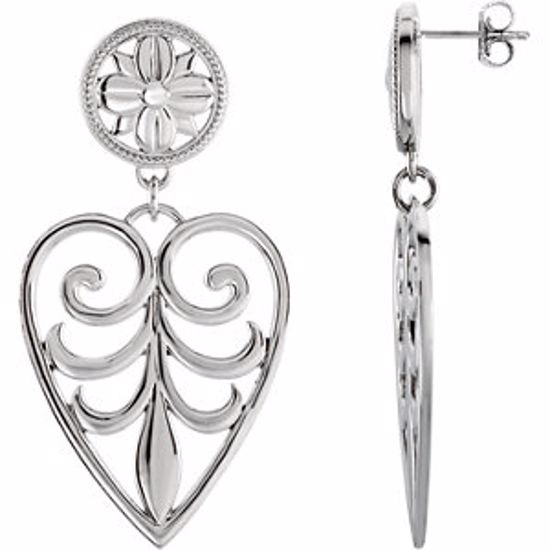 85228:106:P Sterling Silver 44x23mm Floral Design Heart Earrings with Backs