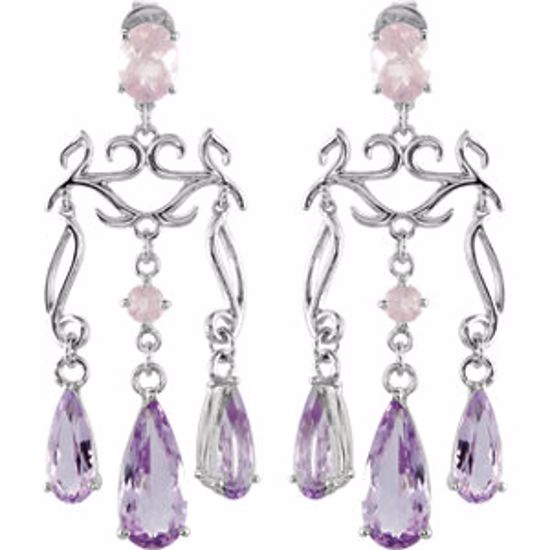 69785:102:P Sterling Silver Pink Quartz & Rose De France Amethyst Chandelier Earrings