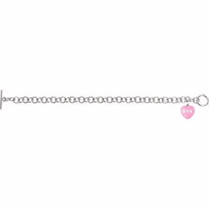 85511:124:P Dark Pink Enamel "Diva" Heart Charm on 7.5" Bracelet