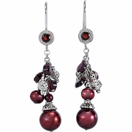 69947:200:P Sterling Silver Freshwater Cultured Pearl & Rhodolite Garnet Earrings