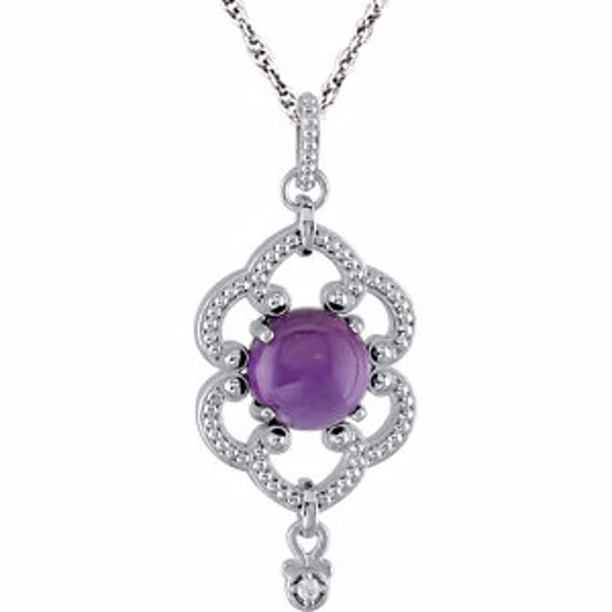 85339:60002:P Sterling Silver Amethyst & Diamond Granulated Design Dangle 18" Necklace