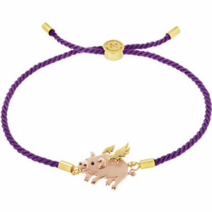 650665:6150:P 18kt Vermeil Flying Pig 8" Purple Satin Rope Bracelet for Luck