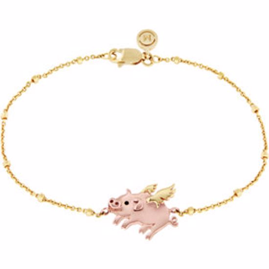 650665:6050:P 18kt Vermeil Flying Pig 7.5" Chain Bracelet for Luck