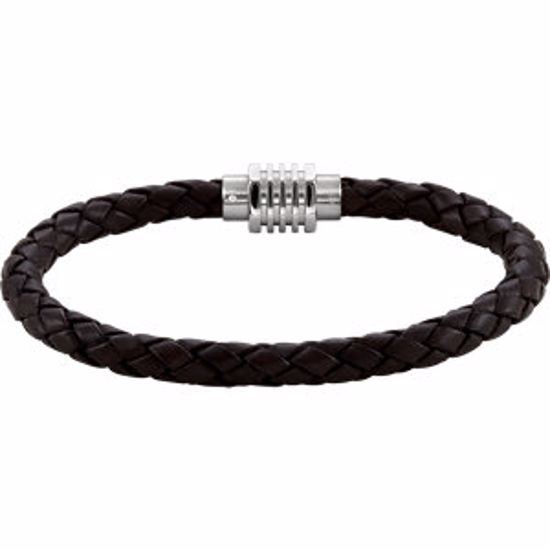 LEG050:304:P Stainless Steel & Dark Brown Braided Leather 9" Bracelet with Magnetic Clasp 