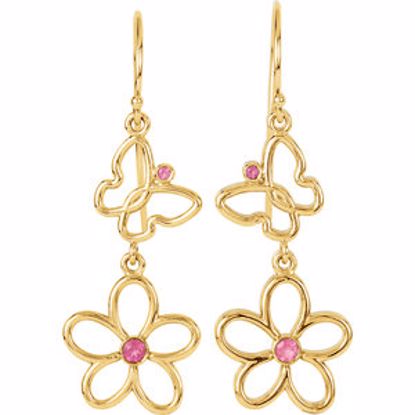 85455:70001:P 14kt Yellow Pink Tourmaline Floral & Butterfly Design Earrings