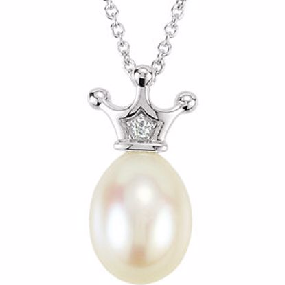 650698:600:P 14kt White .01 CTW Diamond and Freshwater Cultured Pearl 18" Crown Necklace