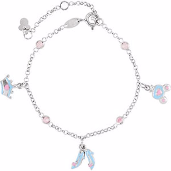 650759:105:P Sterling Silver Cinderella Enamel & Pink Cubic Zirconia 5.5-7.5" Bracelet